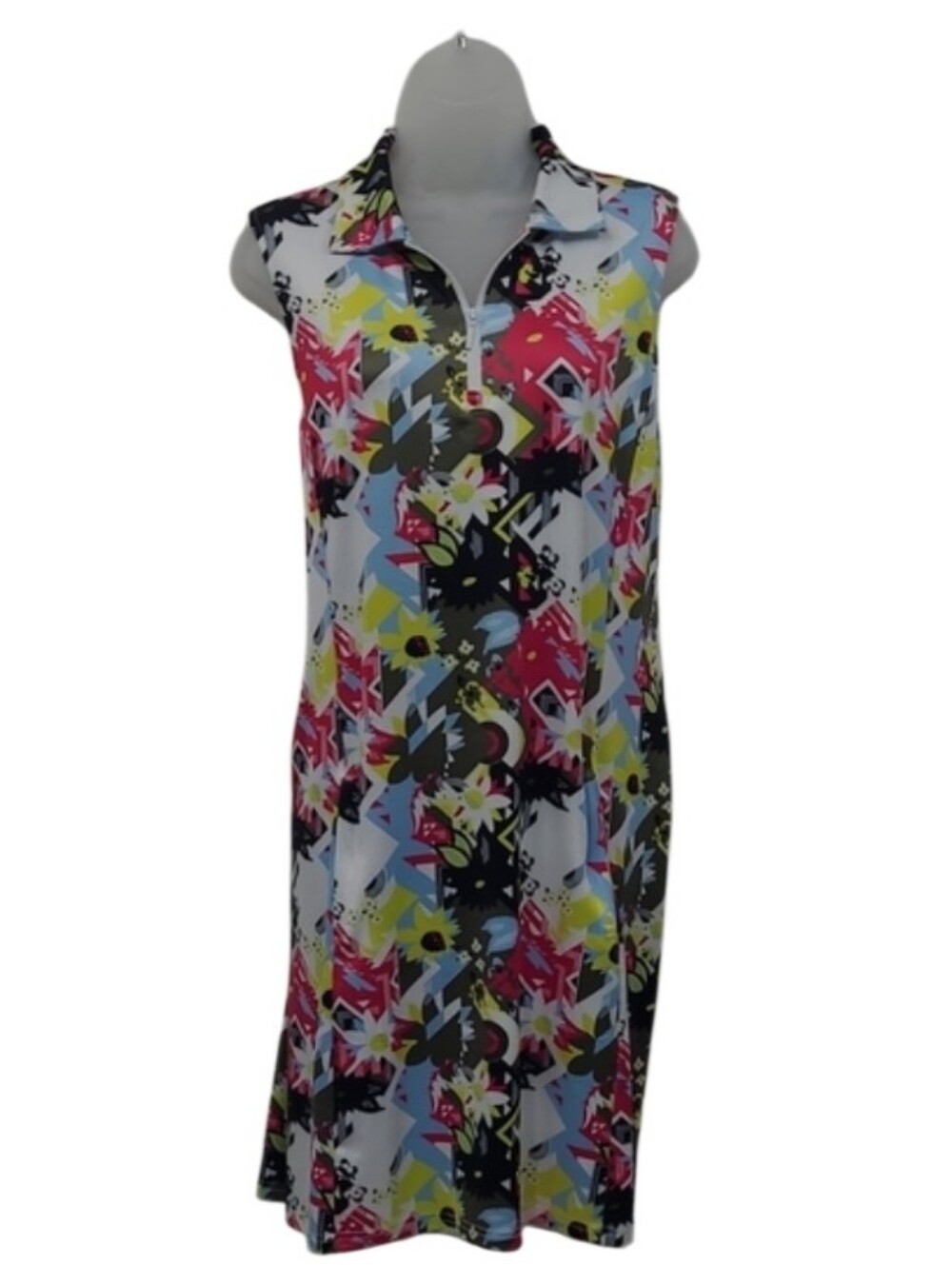 GG Blue Luxe Sport Sleeveless A-line Dress Above Knee Length Athletic Geo-Floral